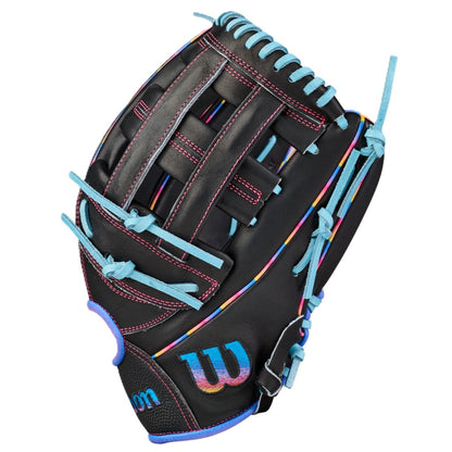The Wilson Love the Moment A2000 1750 12.5" Baseball Glove (WBW104831125) features black leather, light blue laces, rainbow accents, pink stitching, and a bold blue W logo—designed to support Autism Speaks.