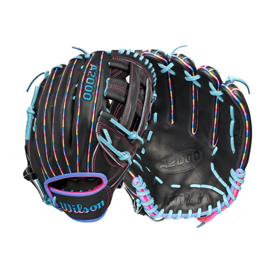 Two black Wilson Love the Moment A2000 1750 12.5" Baseball Gloves (WBW104831125) with bright blue laces, rainbow stripes, and multicolored stitching are displayed front and back on a white background.