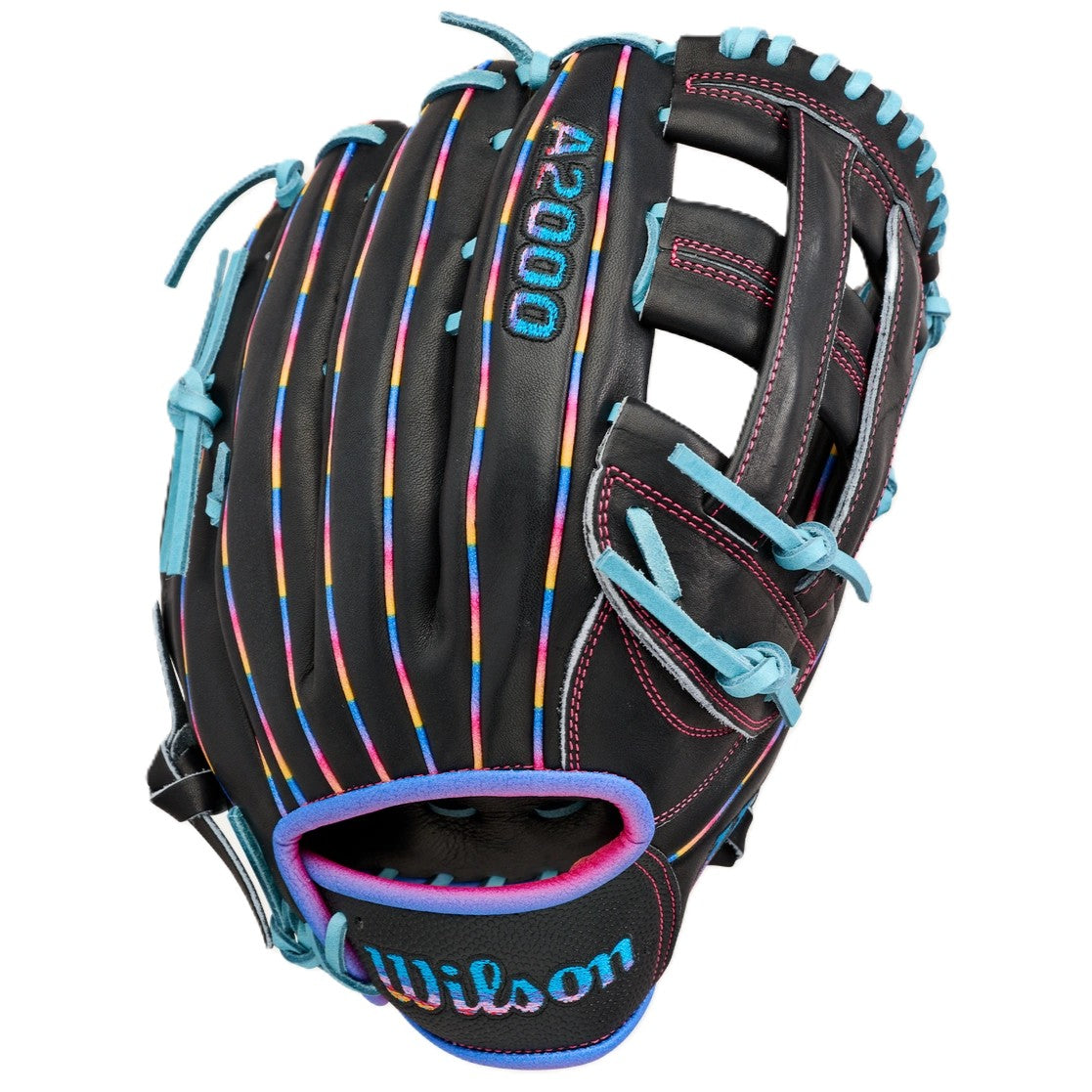 The Wilson Love the Moment A2000 1750 12.5" Baseball Glove (WBW104831125) features a black design with colorful vertical stripes, light blue laces, blue and pink accents, and the Wilson logo stitched in blue on the wrist strap.