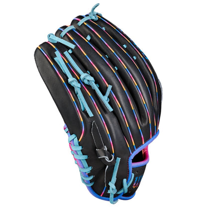 The Wilson Love the Moment A2000 1750 12.5" Baseball Glove (WBW104831125) features a black design with light blue laces and rainbow-striped accents, showcased on a white background.