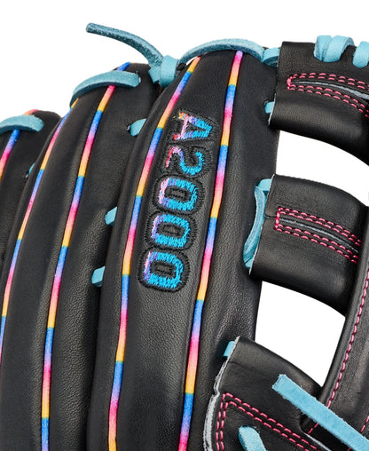 Close-up of the Wilson Love the Moment A2000 1750 12.5" Baseball Glove (WBW104831125), featuring blue, pink, and yellow accents, colorful laces, and pink stitching. Inspired by Autism Speaks.