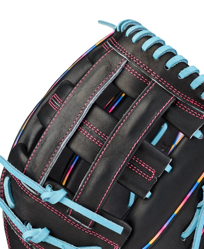 Close-up of the Wilson Love the Moment A2000 1750 12.5" Baseball Glove (WBW104831125), an outfield glove featuring black leather, blue laces, red stitching, and colorful accents with detailed webbing and stitching visible.