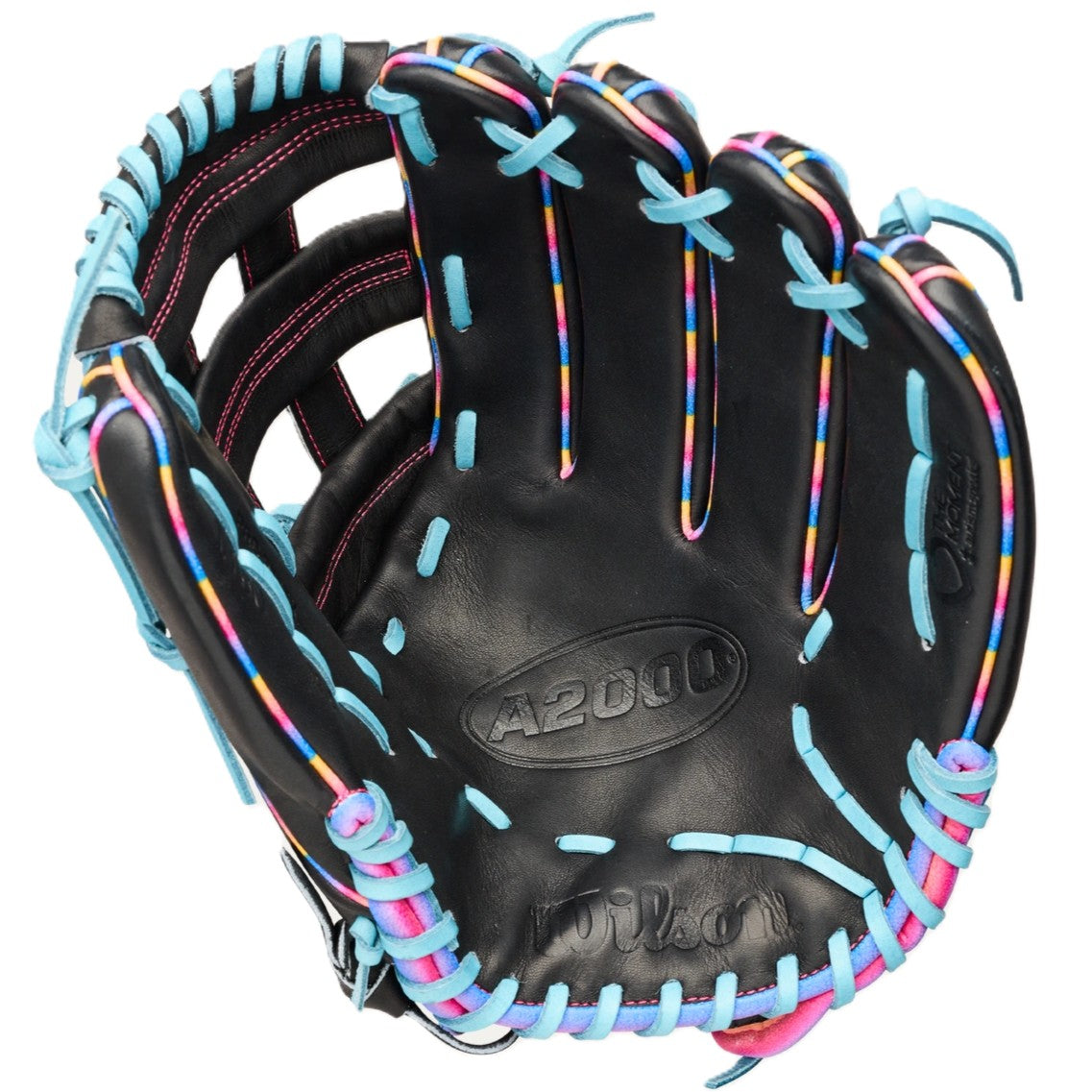 The Wilson Love the Moment A2000 1750 12.5" Baseball Glove (WBW104831125) features a black design with light blue laces, multicolor finger accents, and pink thumb stitching—a striking outfield glove for 2026.