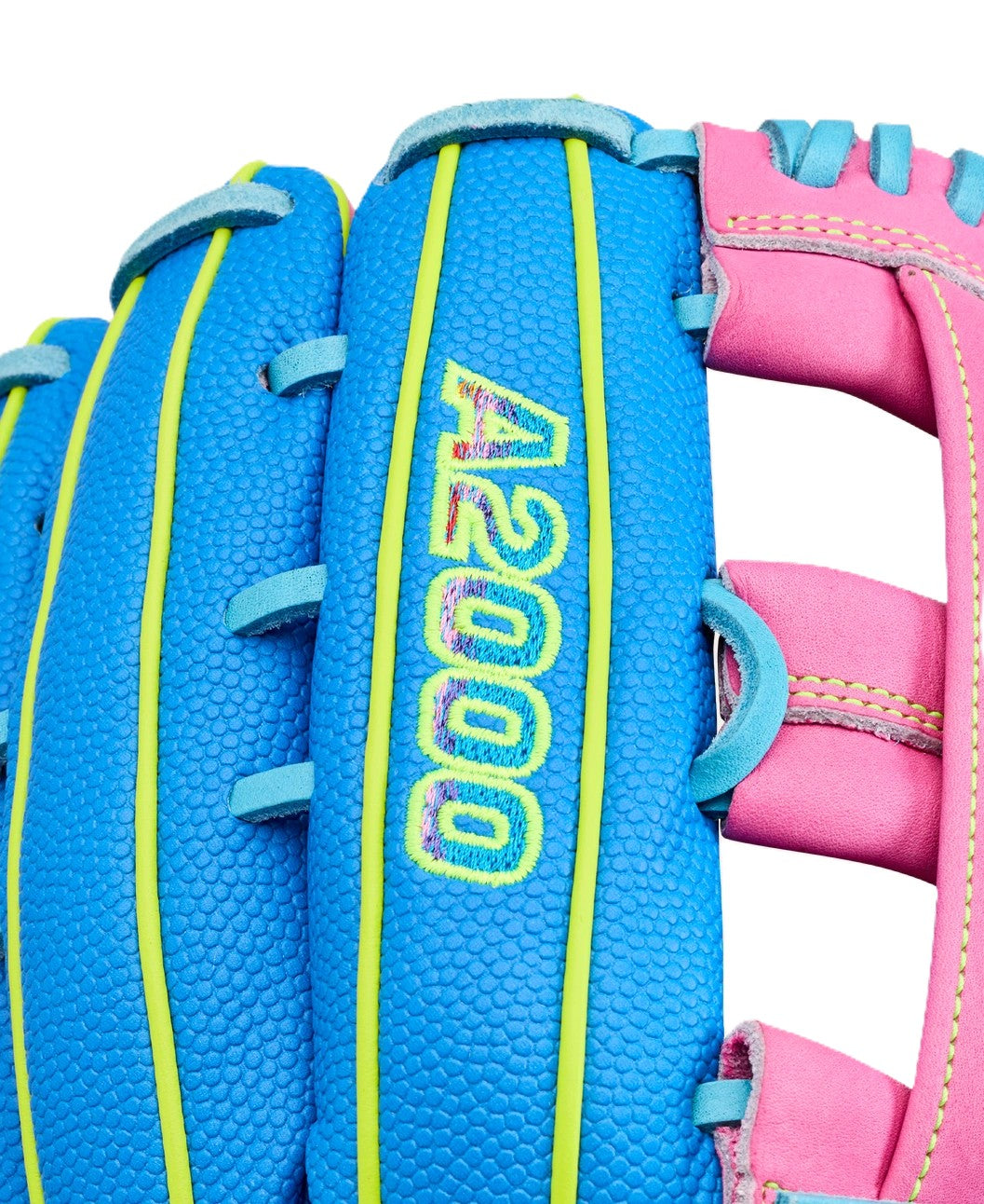 Close-up of the Wilson Love the Moment A2000 1777 12.75" Baseball Glove (WBW1048331275), featuring blue and pink leather, yellow and green stitching, and "A2000" embroidered in yellow on the blue surface.