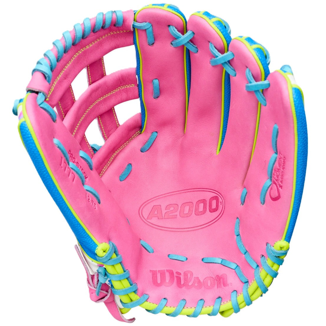 The Wilson Love the Moment A2000 1777 12.75" Baseball Glove (WBW1048331275) features pink leather, blue and yellow laces, and embossed Wilson and A2000 logos—an eye-catching outfield glove from Wilson.