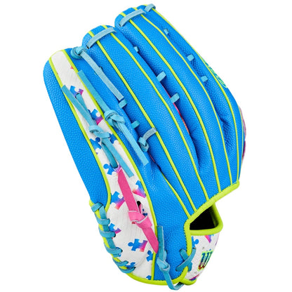 The Wilson Love the Moment A2000 1777 12.75" baseball glove (WBW1048331275) features a blue design with neon green trim, colorful puzzle pieces, and supports Autism Speaks.