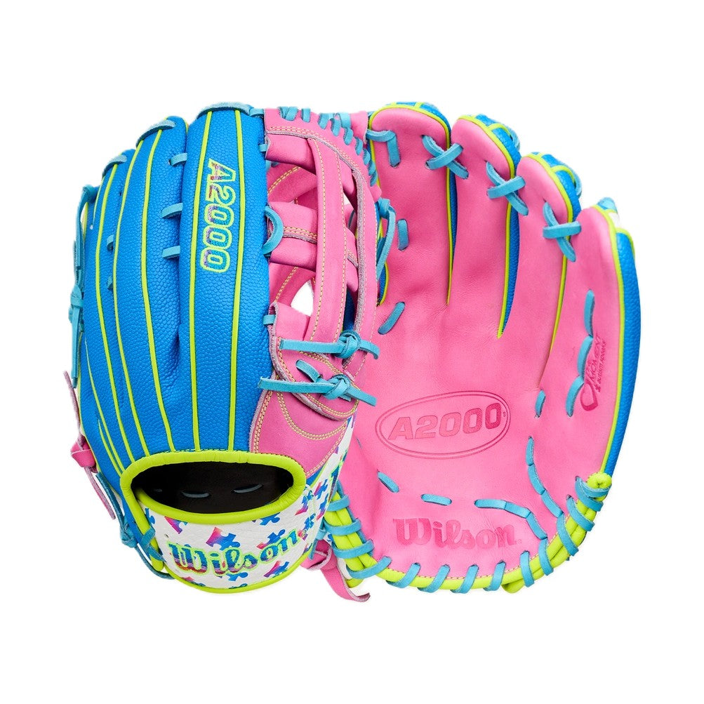 The Wilson Love the Moment A2000 1777 12.75" Baseball Glove (WBW1048331275) features bold stitching, a patterned wrist, and vibrant blue, pink, yellow, and light blue hues—an Autism Speaks–inspired design shown from palm and back sides.