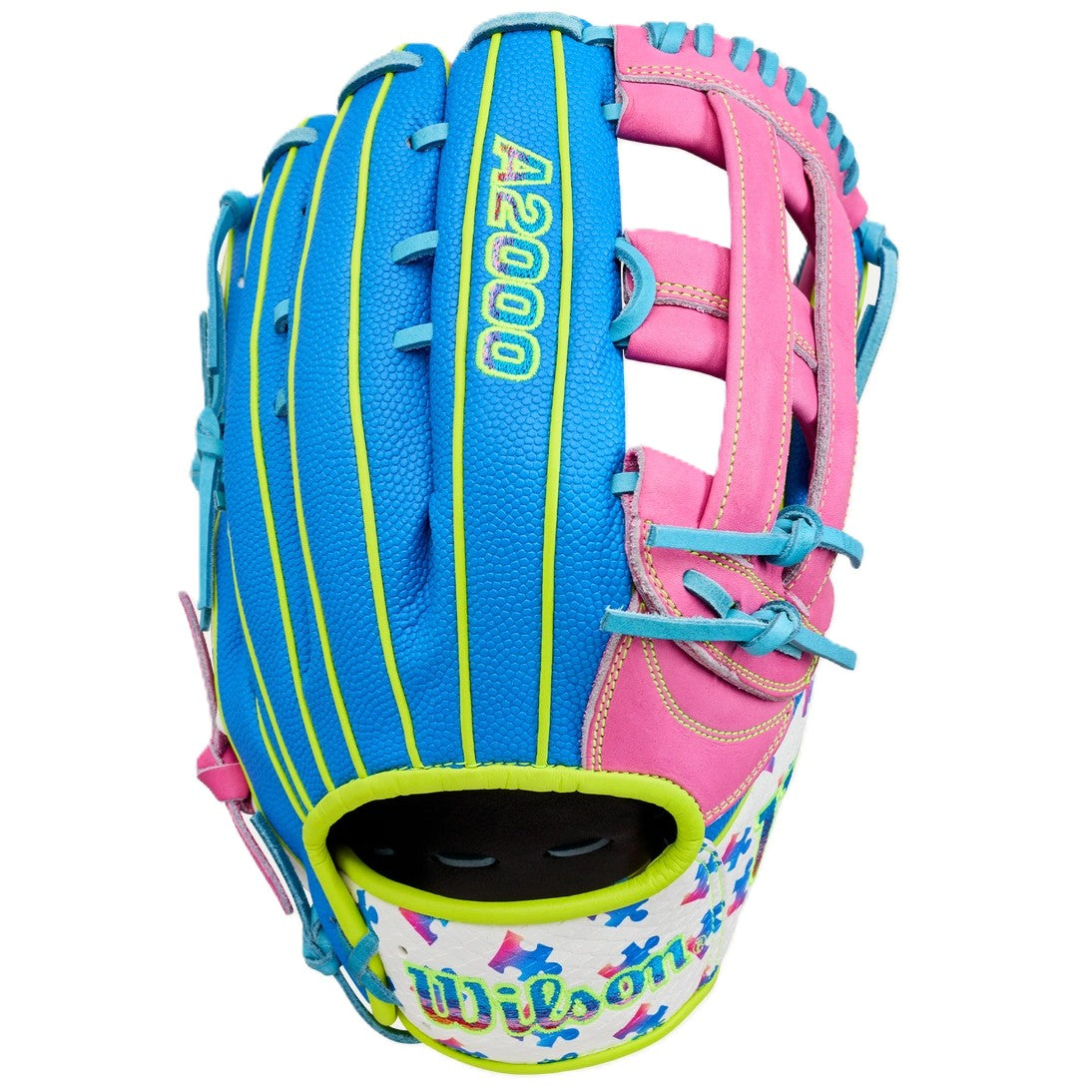The Wilson Love the Moment A2000 1777 12.75" Baseball Glove (WBW1048331275) features bold blue, pink, and yellow sections, blue laces, a white confetti-pattern wrist, and is designed in partnership with Autism Speaks.