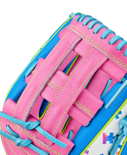 Close-up of the Wilson Love the Moment A2000 1777 12.75" Baseball Glove (WBW1048331275) featuring pink leather laces, blue accents, yellow stitching, and a white surface with multicolored star patterns.