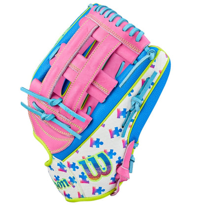 The Wilson Love the Moment A2000 1777 12.75" Baseball Glove showcases pink, blue, and lime green accents on a white base with multicolored puzzle pieces and a bold green W logo on the wrist.