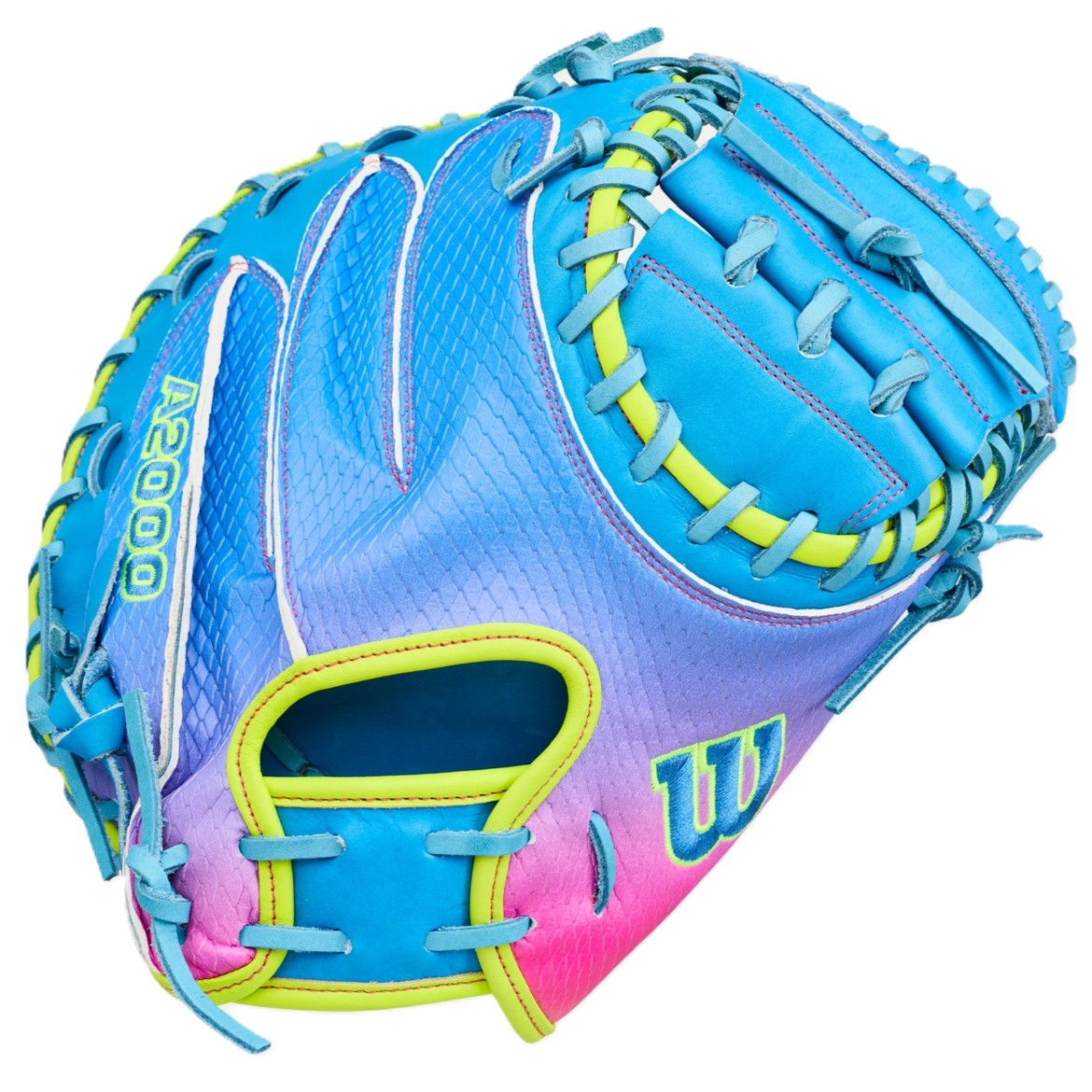 The Wilson Love the Moment A2000 CM33SS 33" Catcher's Mitt (WBW10483533) features blue, pink, and yellow Pro Stock Leather with light blue laces and a vibrant gradient design inspired by Autism Speaks.