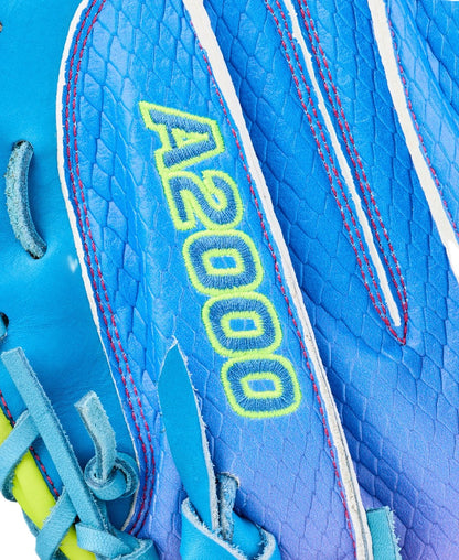 Close-up of the Wilson Love the Moment A2000 CM33SS 33" Catcher's Mitt (WBW10483533) with yellow embroidery, pink stitching, teal laces, and crafted from premium Pro Stock Leather.