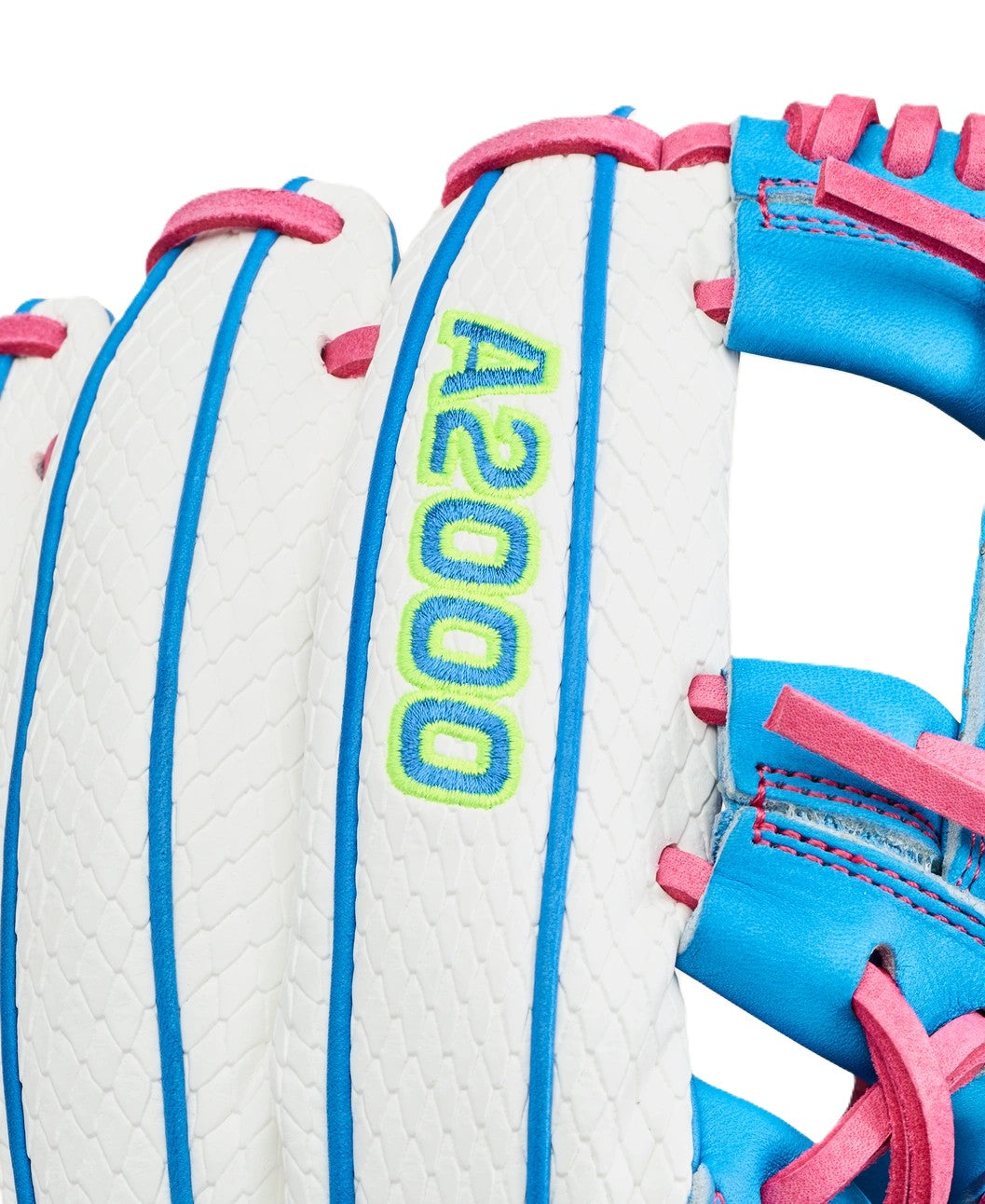 Close-up of the Wilson Love the Moment A2000 H12SS 12" Fastpitch Glove (WBW10483612), a white fastpitch glove featuring blue and pink laces and Autism Speaks-inspired green and blue "A2000" embroidery.