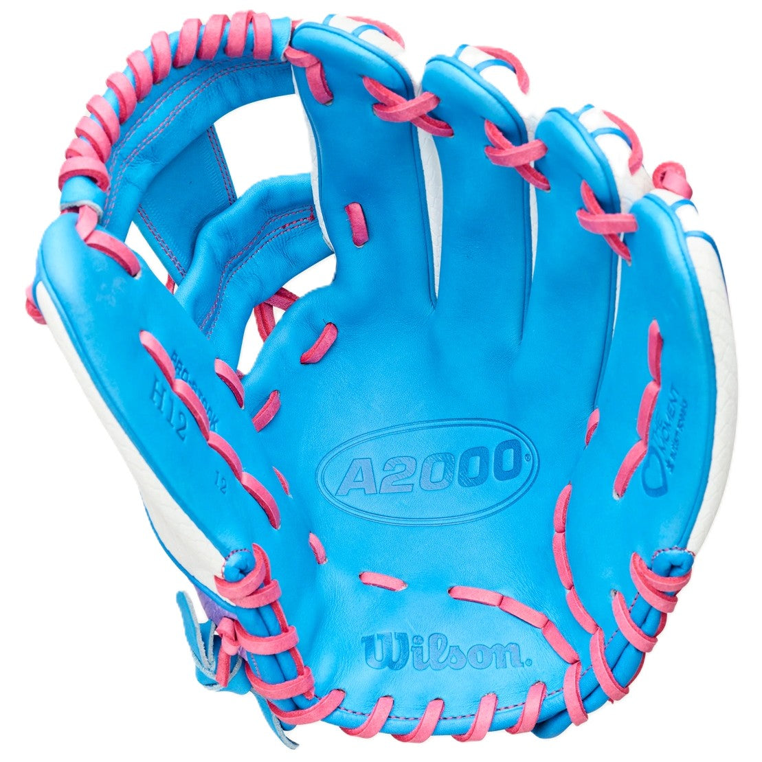 A Wilson Love the Moment A2000 H12SS 12" Fastpitch Glove (WBW10483612) is shown open, displaying the palm and finger slots with the Wilson brand and model name clearly visible.
