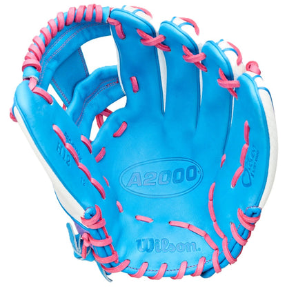 A Wilson Love the Moment A2000 H12SS 12" Fastpitch Glove (WBW10483612) is shown open, displaying the palm and finger slots with the Wilson brand and model name clearly visible.