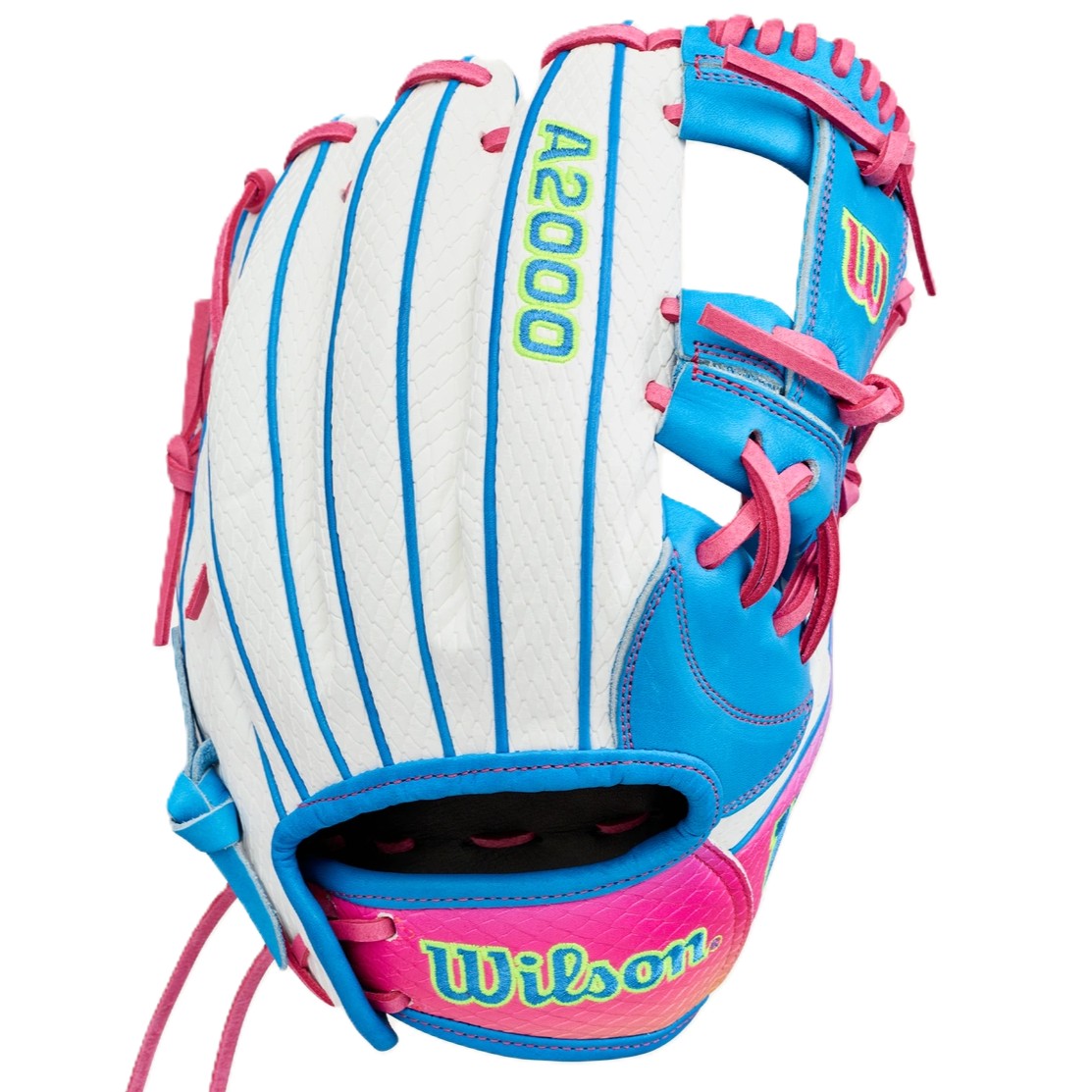 The Wilson Love the Moment A2000 H12SS 12" Fastpitch Glove (WBW10483612) features a white base, blue trim, pink laces, neon green accents, and displays the Wilson name and logo.