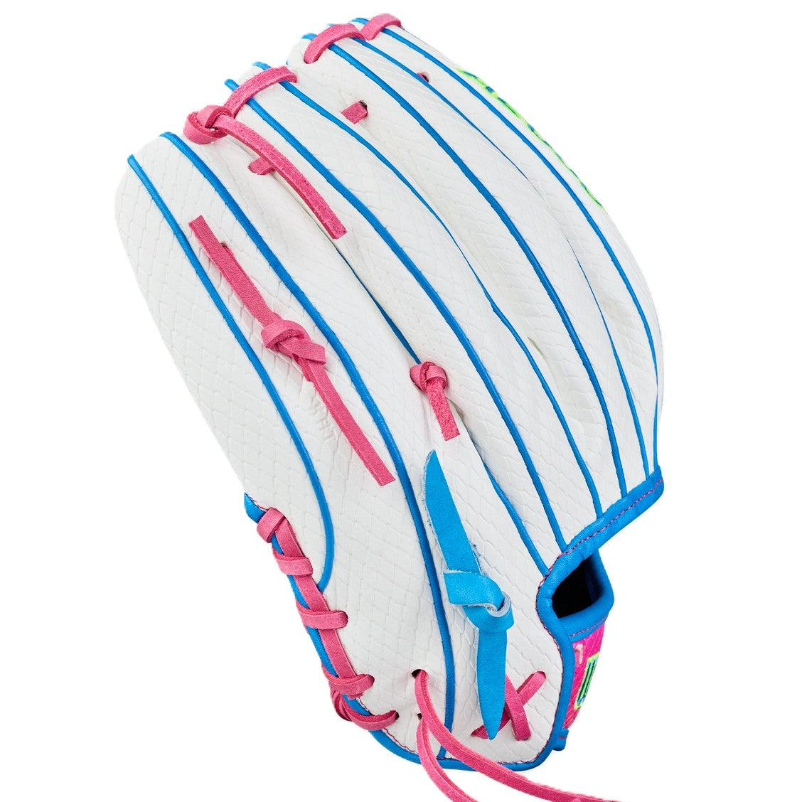 The Wilson Love the Moment A2000 H12SS 12" Fastpitch Glove features a white design with blue trim, pink laces, quilted texture, and vibrant colors inspired by Autism Speaks.