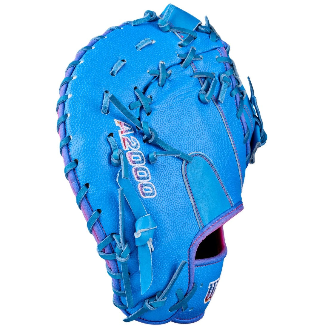 The Wilson Love the Moment A2000 1612 12" First Base Mitt (WBW10483812) features bright blue Pro Stock Leather with purple stitching and accents, Autism Speaks details, and A2000 branding, shown on a white background.