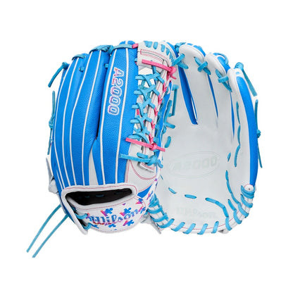 The Wilson Love the Moment A2000 T125SS 12.5" Fastpitch Glove (WBW104839125) features blue, white, and pink accents with white laces and snowflake designs near the wrist, shown both open and closed.