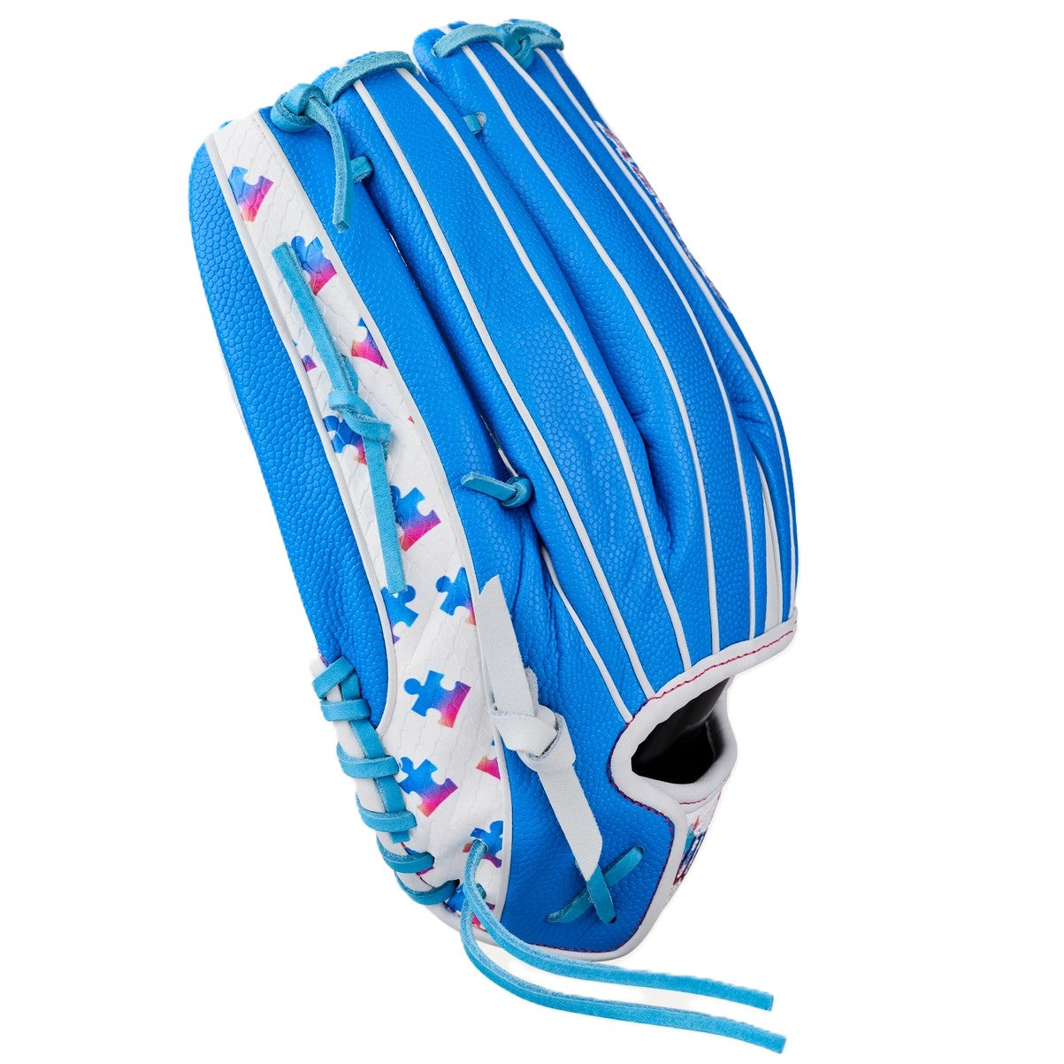 The Wilson Love the Moment A2000 T125SS 12.5" Fastpitch Glove (WBW104839125) features a bright blue design with white pinstripes, light blue laces, and white panels accented by blue, pink, and purple puzzle pieces for Autism Speaks.