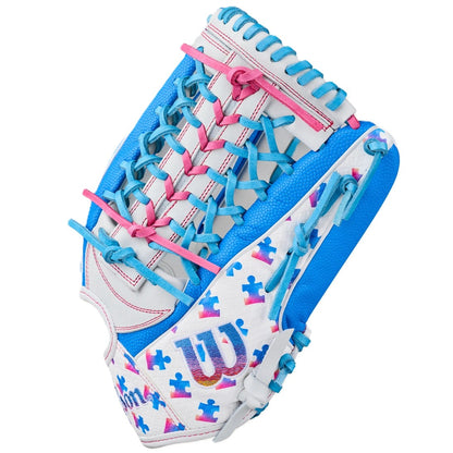 The Wilson Love the Moment A2000 T125SS 12.5" Fastpitch Glove features a white design with blue/pink laces, blue trim, puzzle piece accents inspired by Autism Speaks, a large W logo, and a colorful, playful look.
