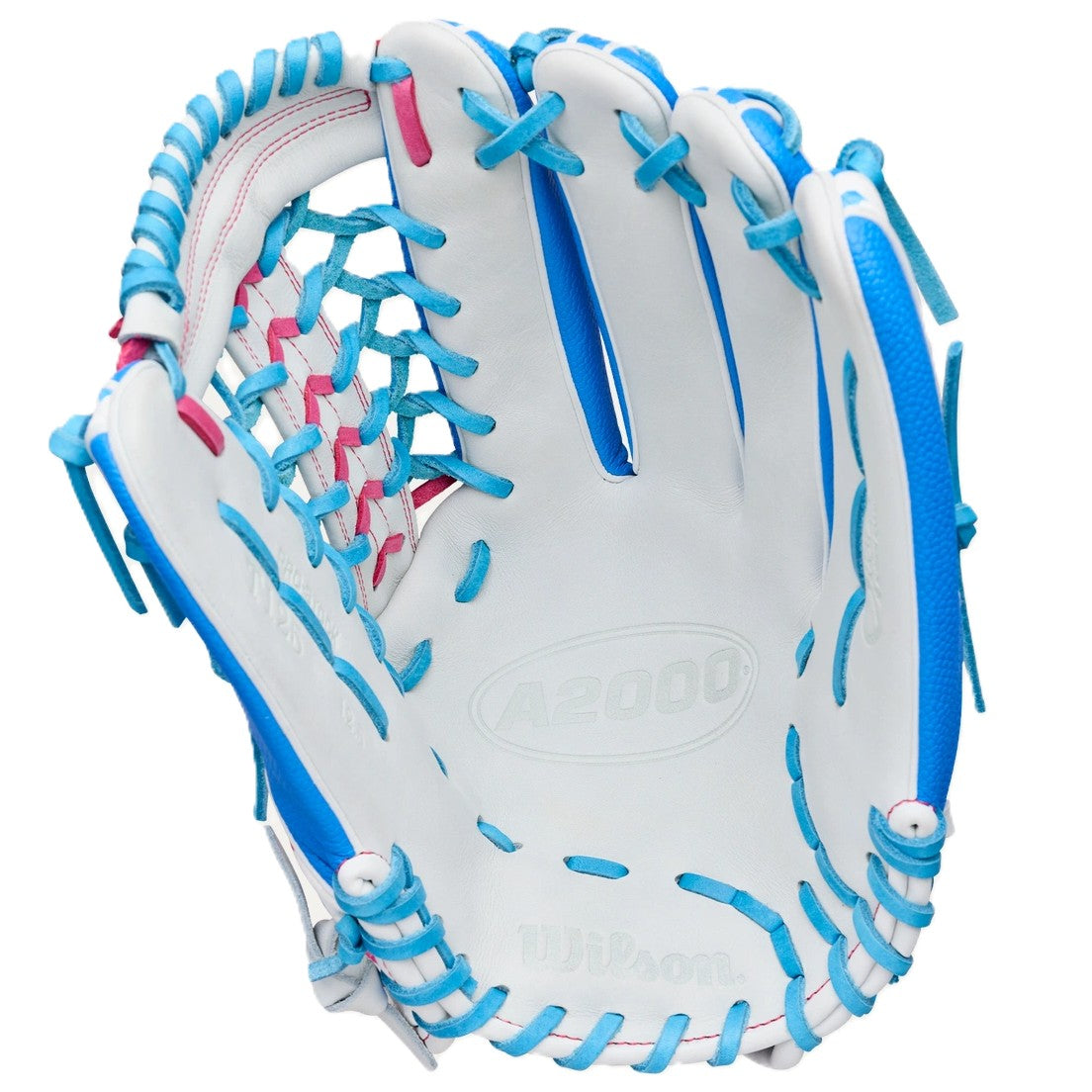The Wilson Love the Moment A2000 T125SS 12.5" Fastpitch Glove features a white design with blue lacing and accents, pink web stitching, and an Autism Speaks logo embossed next to the Wilson brand on the palm.