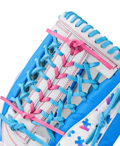 Close-up of a Wilson Love the Moment A2000 T125SS 12.5" Fastpitch Glove by Wilson, showcasing blue and white leather, pink and blue laces, detailed stitching, and a white area with blue and pink cross patterns inspired by Autism Speaks.