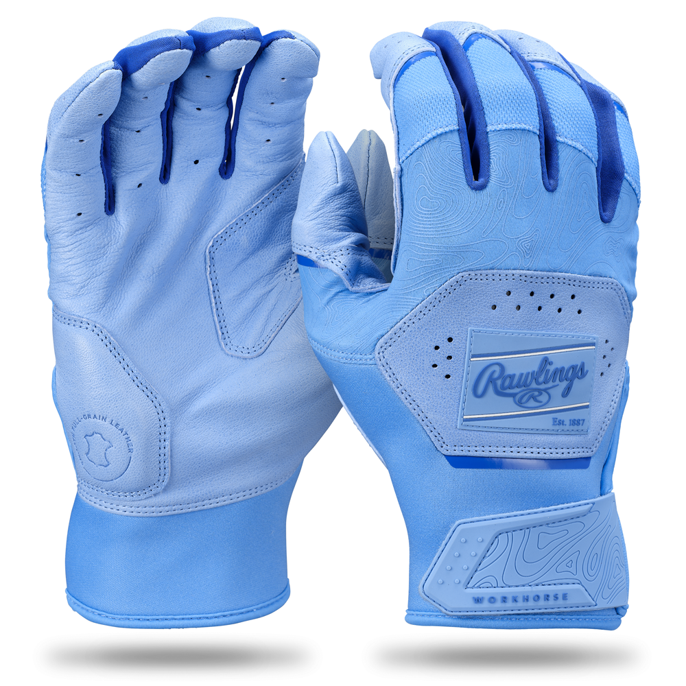 The Rawlings Workhorse Adult Batting Gloves: WH25BG, shown in light blue from both sides, feature textured details, reinforced grip and protection zones, and a Dynamic Fit System for enhanced comfort.