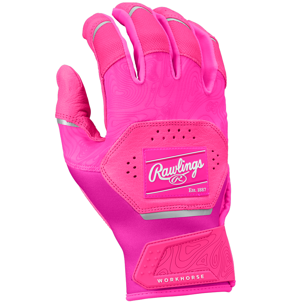 The Rawlings Workhorse Adult Batting Gloves (WH25BG) feature premium Oitac leather, a Dynamic Fit System for comfort and performance, and display the Rawlings brand in white text on pink.