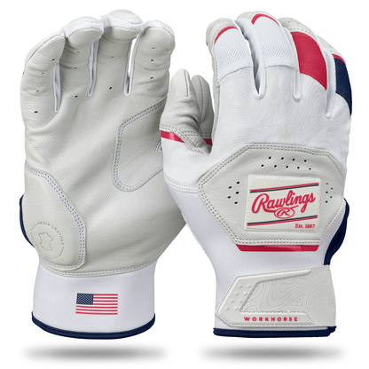 Rawlings Workhorse Adult Batting Gloves (WH25BG) shown front and back; feature red, blue, and gray accents, Oitac leather palms, Dynamic Fit System, Rawlings logo, American flag patch, and "WORKHORSE" on the wrist strap.