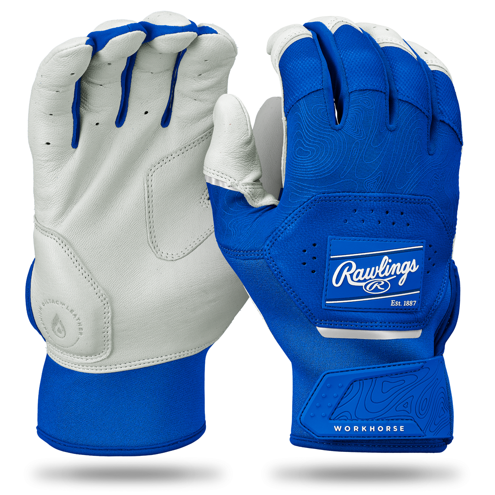Rawlings Workhorse Adult Batting Gloves (WH25BG) feature Oitac leather palms for durability, a blue top with Rawlings branding, the Dynamic Fit System for comfort, and textured patterns with perforations for breathability.