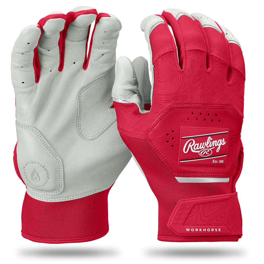 A pair of Rawlings Workhorse Adult Batting Gloves (WH25BG); the left shows a light gray Oitac leather palm, while the right highlights the red back with Rawlings branding, textured detail, and Dynamic Fit System.