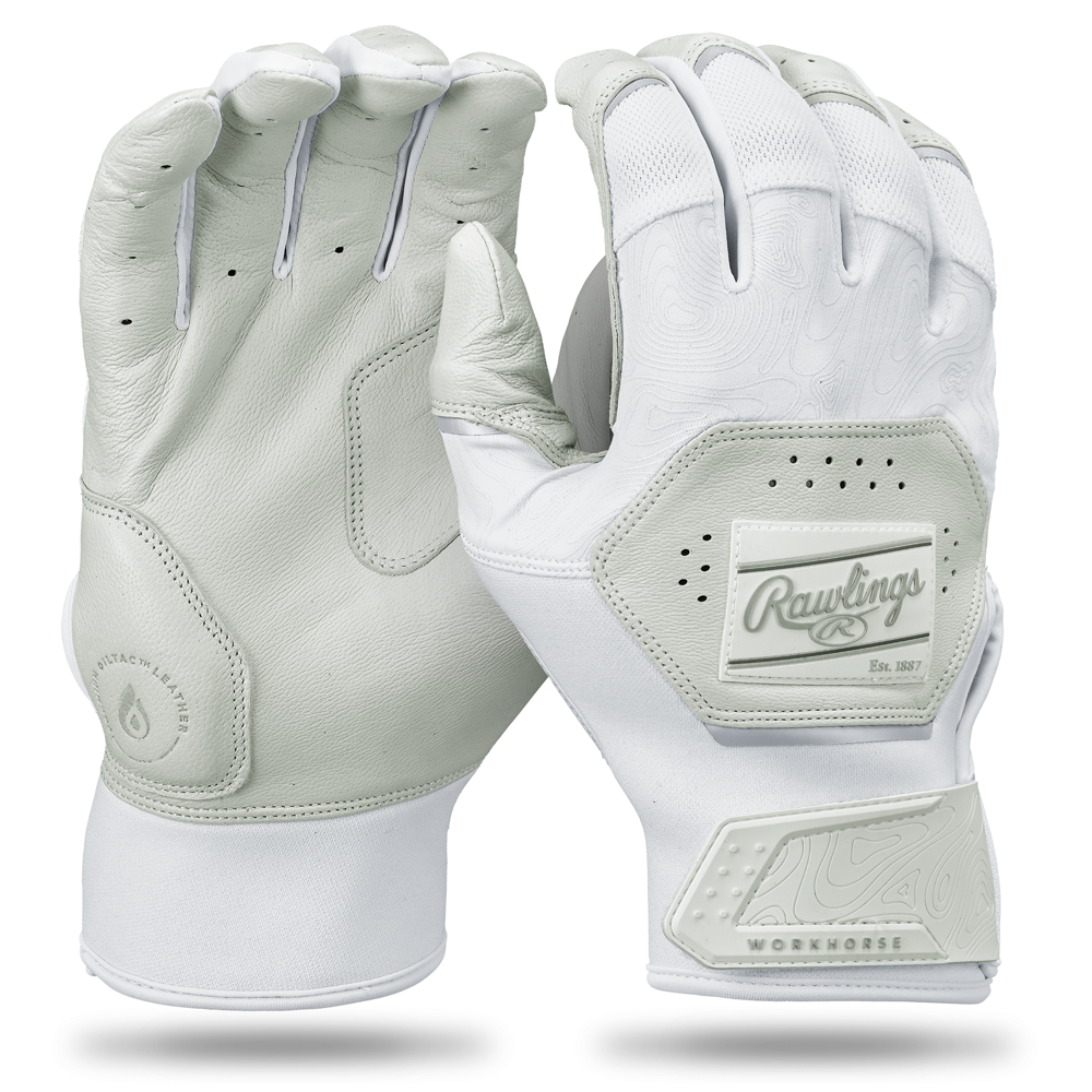 A pair of Rawlings Workhorse Adult Batting Gloves (WH25BG) in white are displayed, showing palm and back views with textured details, ventilation holes, Oitac leather, and the Rawlings logo on the wrist strap.