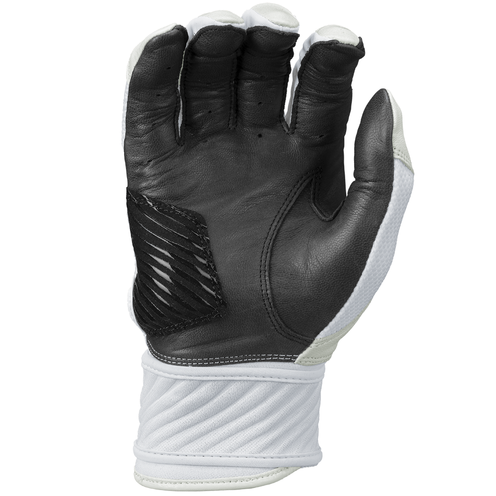 The Rawlings Workhorse OKC Compression Strap Women's Batting Glove (WHOKCCFPBG) features a black and white leather design, textured palm grip, and reinforced stitching on the wrist and fingers for extra durability.