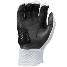 The Rawlings Workhorse OKC Compression Strap Women's Batting Glove (WHOKCCFPBG) features a black and white leather design, textured palm grip, and reinforced stitching on the wrist and fingers for extra durability.