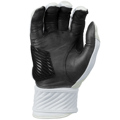 The Rawlings Workhorse OKC Compression Strap Women's Batting Glove (WHOKCCFPBG) features a black and white leather design, textured palm grip, and reinforced stitching on the wrist and fingers for extra durability.