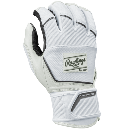 The Rawlings Workhorse OKC Women's Batting Gloves (WHOKCCFPBG) feature a Velcro compression strap, black accents, and the Rawlings logo along with “WORKHORSE 2.0 C” text on the wrist area.