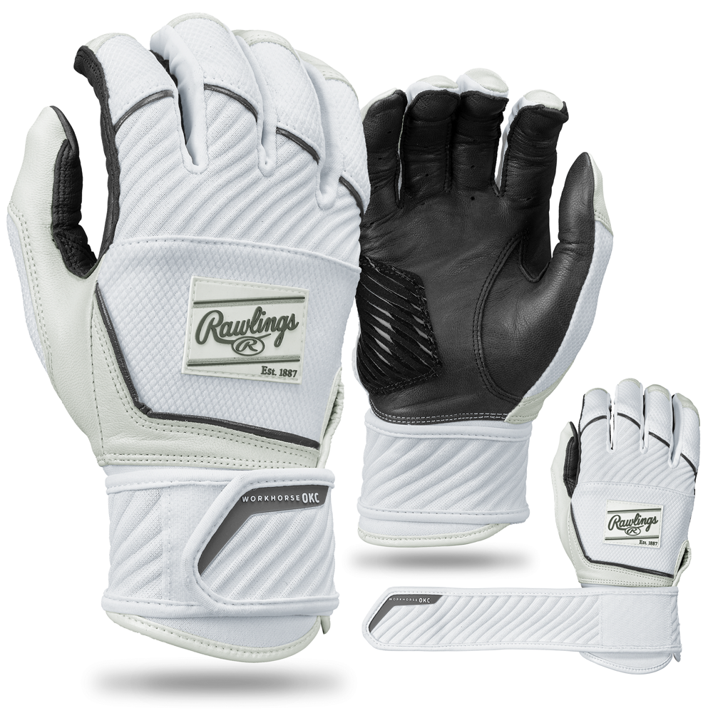 The Rawlings Workhorse OKC Compression Strap Women's Batting Gloves (WHOKCCFPBG) feature textured grips, adjustable compression straps for a secure fit, and the Rawlings logo on the back, in a stylish black-and-white design.