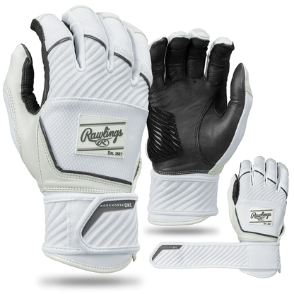 The Rawlings Workhorse OKC Compression Strap Women's Batting Gloves (WHOKCCFPBG) feature textured grips, adjustable compression straps for a secure fit, and the Rawlings logo on the back, in a stylish black-and-white design.