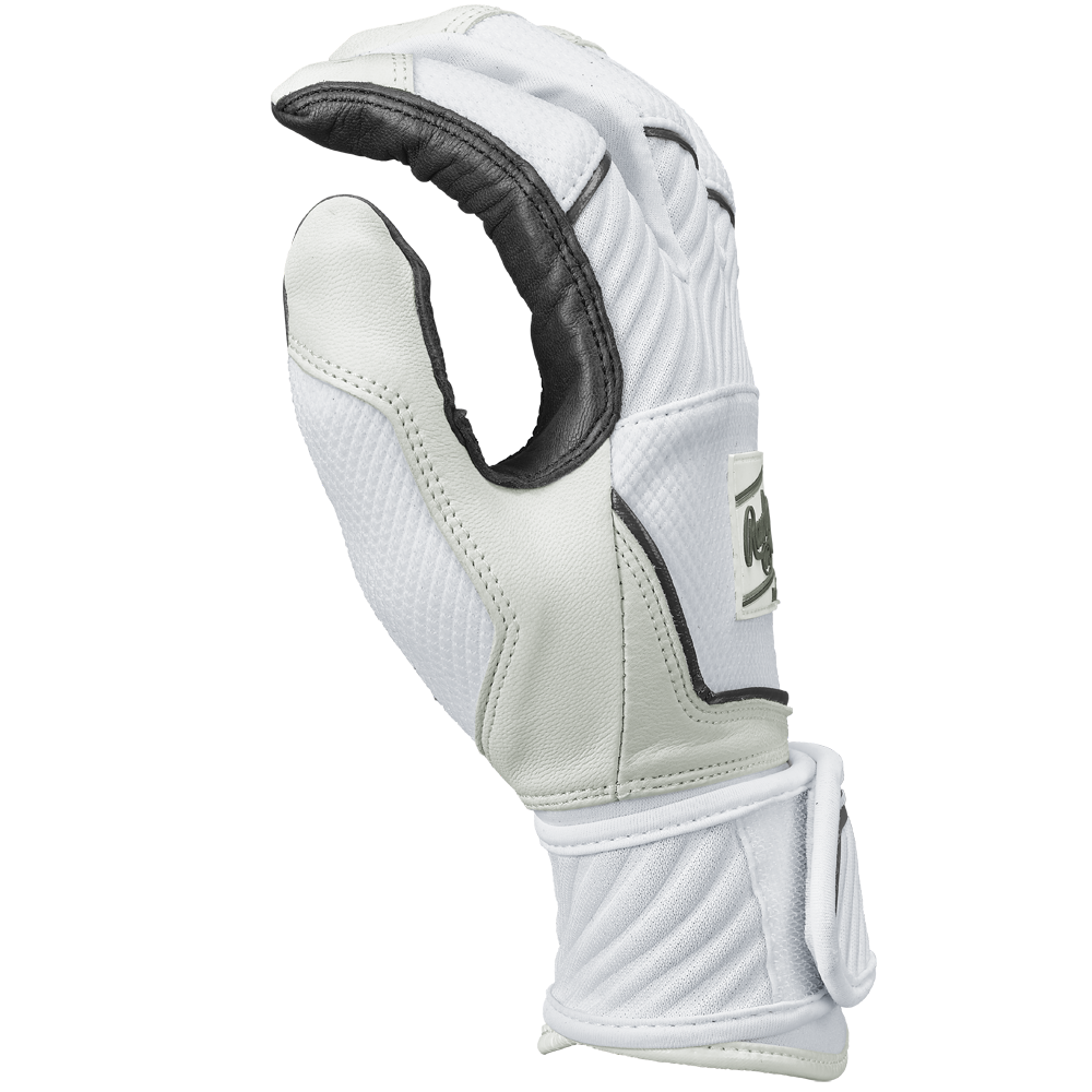 The Rawlings Workhorse OKC Compression Strap Women's Batting Gloves (WHOKCCFPBG) feature a white design with black trim and a secure compression strap—ideal for fastpitch use.