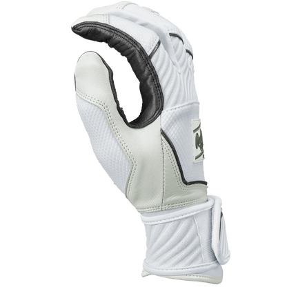 The Rawlings Workhorse OKC Compression Strap Women's Batting Gloves (WHOKCCFPBG) feature a white design with black trim and a secure compression strap—ideal for fastpitch use.