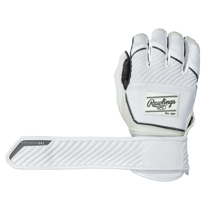 A pair of Rawlings Workhorse OKC Compression Strap Women's Batting Gloves is displayed—one glove palm down, the other showing the underside and its extended compression strap labeled WORKHORSE OKC. The gloves are white with black trim.