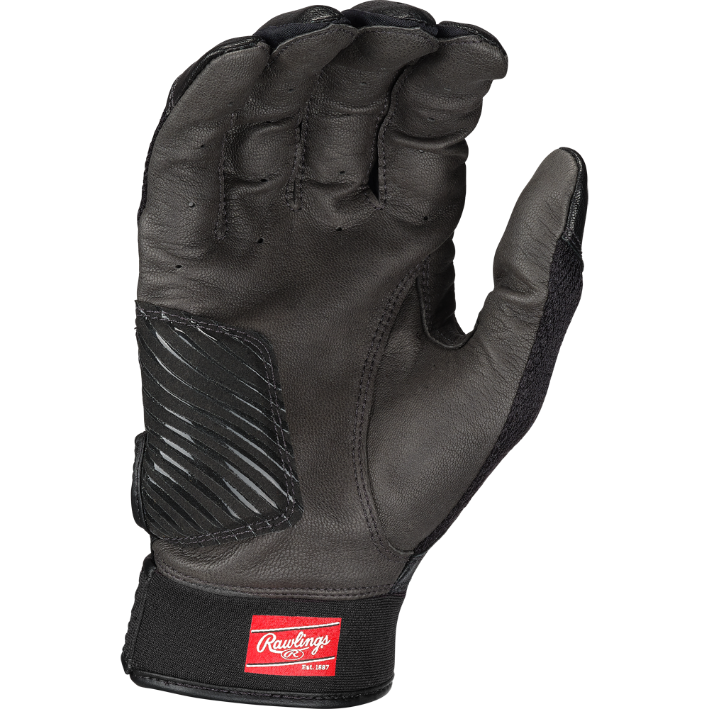 A Rawlings Workhorse OKC Women’s Batting Glove (WHOKCFPBG) in black features an Oiltac leather palm, reinforced palm, Velcro wrist strap, and red Rawlings logo patch. Glove shown palm forward with curved fingers.