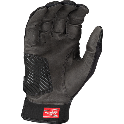 A Rawlings Workhorse OKC Women’s Batting Glove (WHOKCFPBG) in black features an Oiltac leather palm, reinforced palm, Velcro wrist strap, and red Rawlings logo patch. Glove shown palm forward with curved fingers.