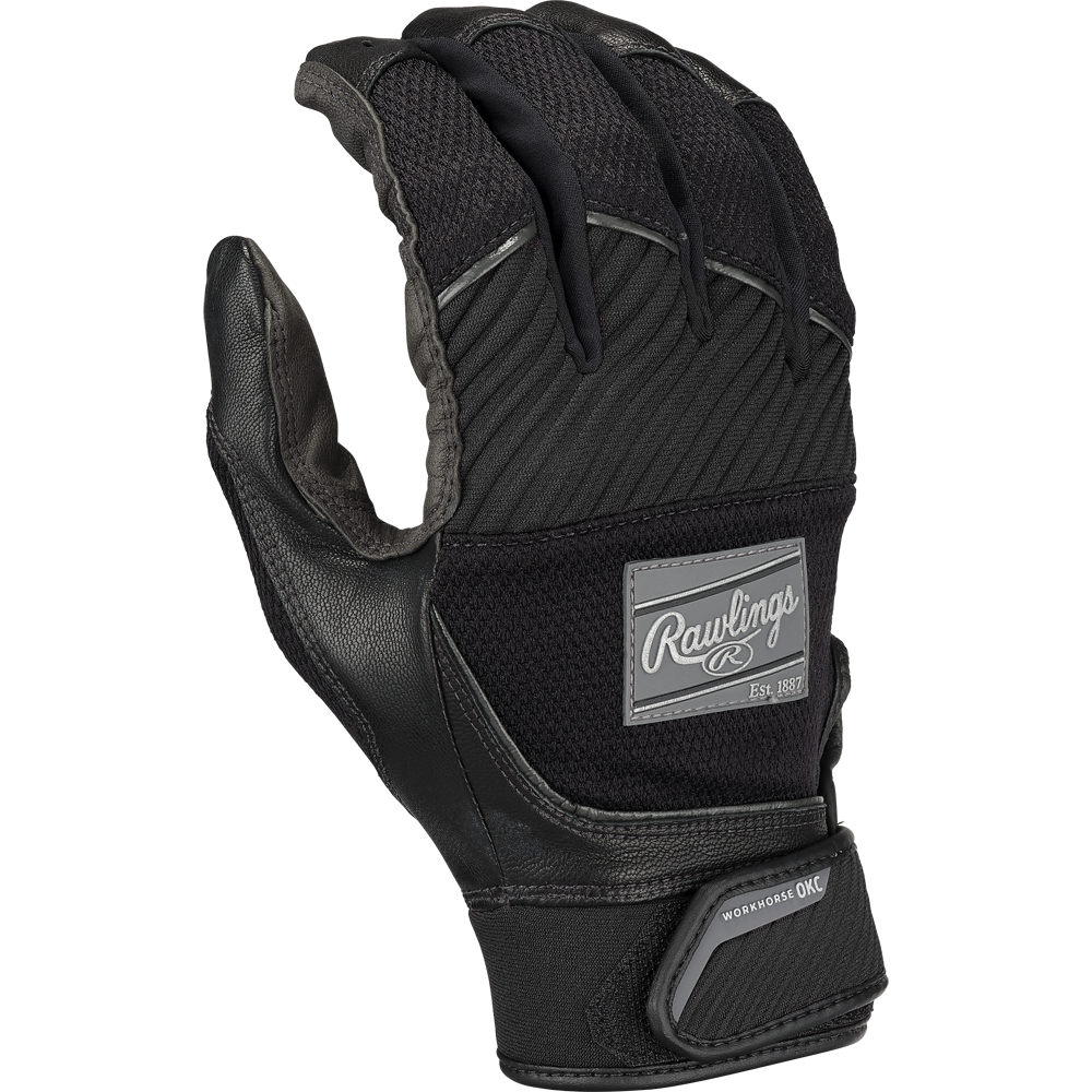 The Rawlings Workhorse OKC Women's Batting Gloves (WHOKCFPBG) feature a black design, Oiltac leather palm, reinforced fingers, Velcro wrist strap, and display the Rawlings logo patch on the back of the hand.