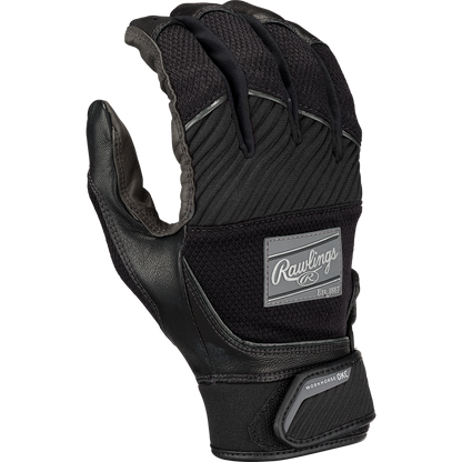 The Rawlings Workhorse OKC Women's Batting Gloves (WHOKCFPBG) feature a black design, Oiltac leather palm, reinforced fingers, Velcro wrist strap, and display the Rawlings logo patch on the back of the hand.