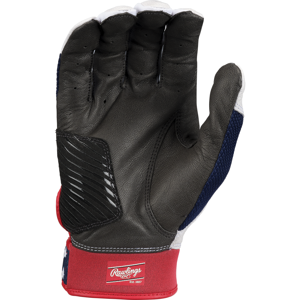A Rawlings Workhorse OKC Women's Batting Glove (WHOKCFPBG) in black with red, white, and blue accents and an Oiltac leather palm is displayed palm-up on a plain white background.