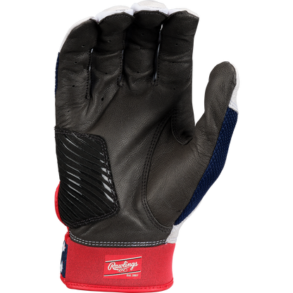 A Rawlings Workhorse OKC Women's Batting Glove (WHOKCFPBG) in black with red, white, and blue accents and an Oiltac leather palm is displayed palm-up on a plain white background.