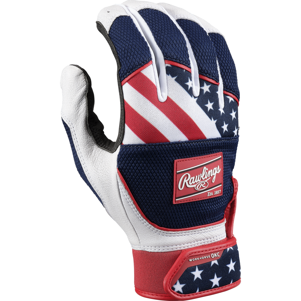 Show your pride with the Rawlings Workhorse OKC Women's Batting Gloves (WHOKCFPBG), featuring a flag design and Oiltac leather palm for standout fastpitch softball performance and style.