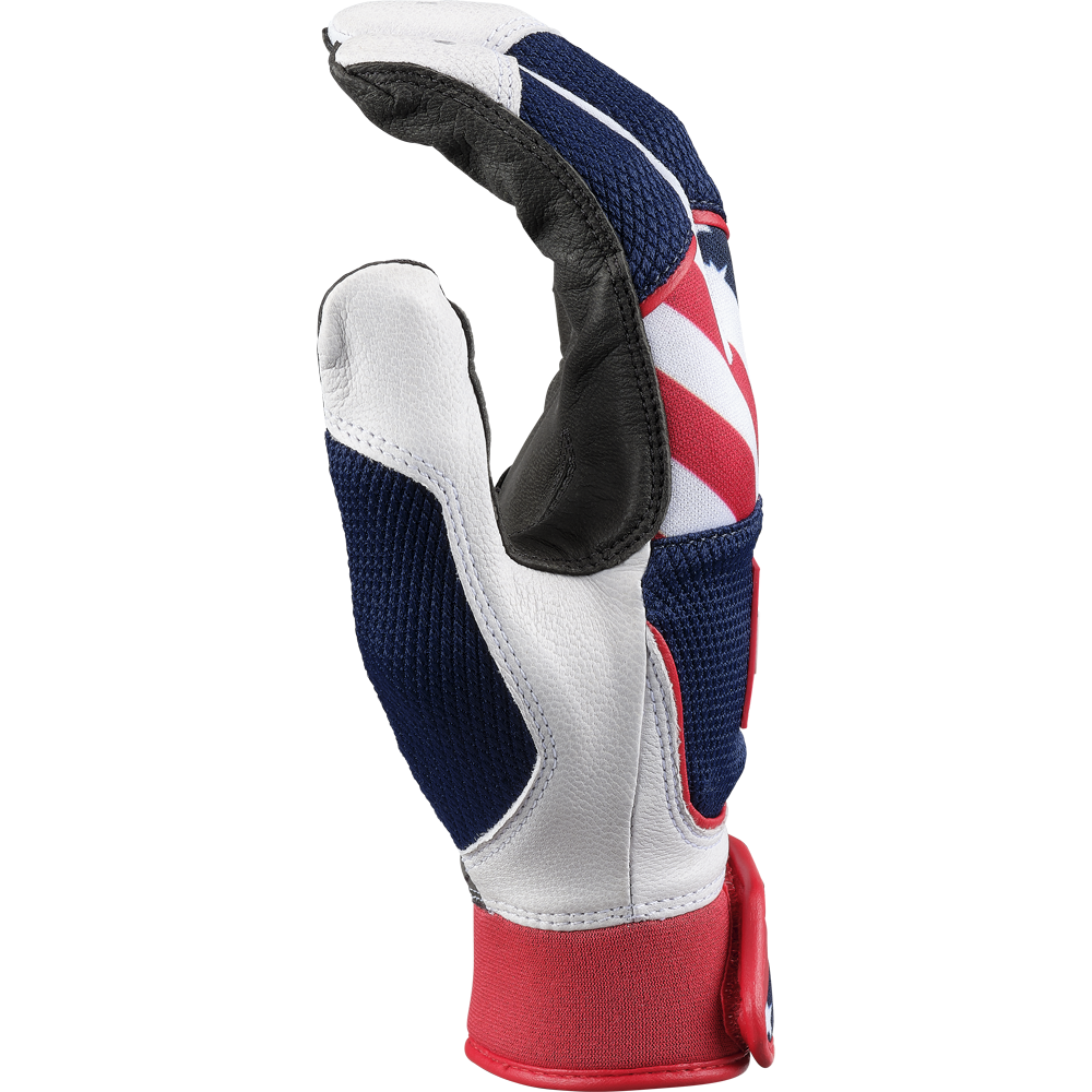 A close-up of Rawlings Workhorse OKC Women's Batting Gloves (WHOKCFPBG) in red, white, and blue with an Oiltac leather palm and red wrist strap, displayed against a plain white background.